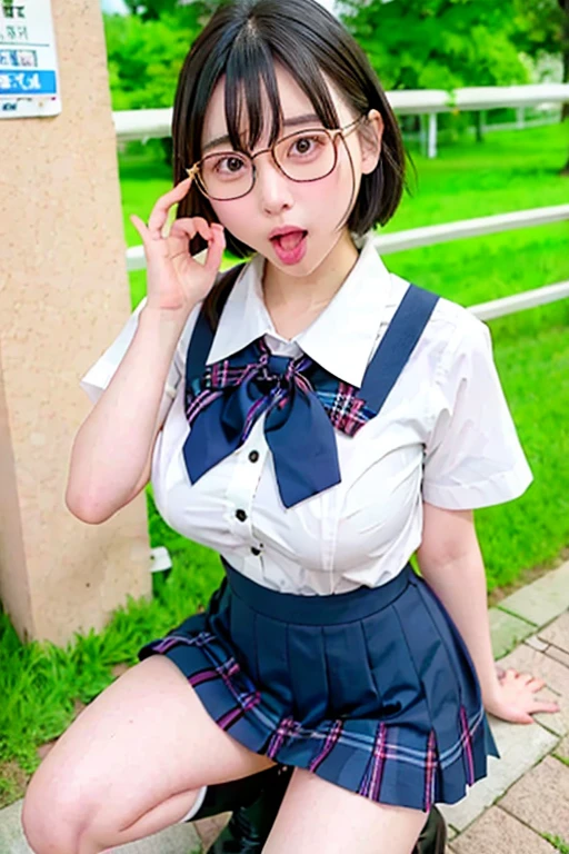 ((wide angle, full body)) beautiful female tourist, black hair tied in a ponytail, bangs, wearing large glasses, smiling at the corners of the mouth, ((wearing a preppy style outfit)) morning light, Shirakawa-go Japan