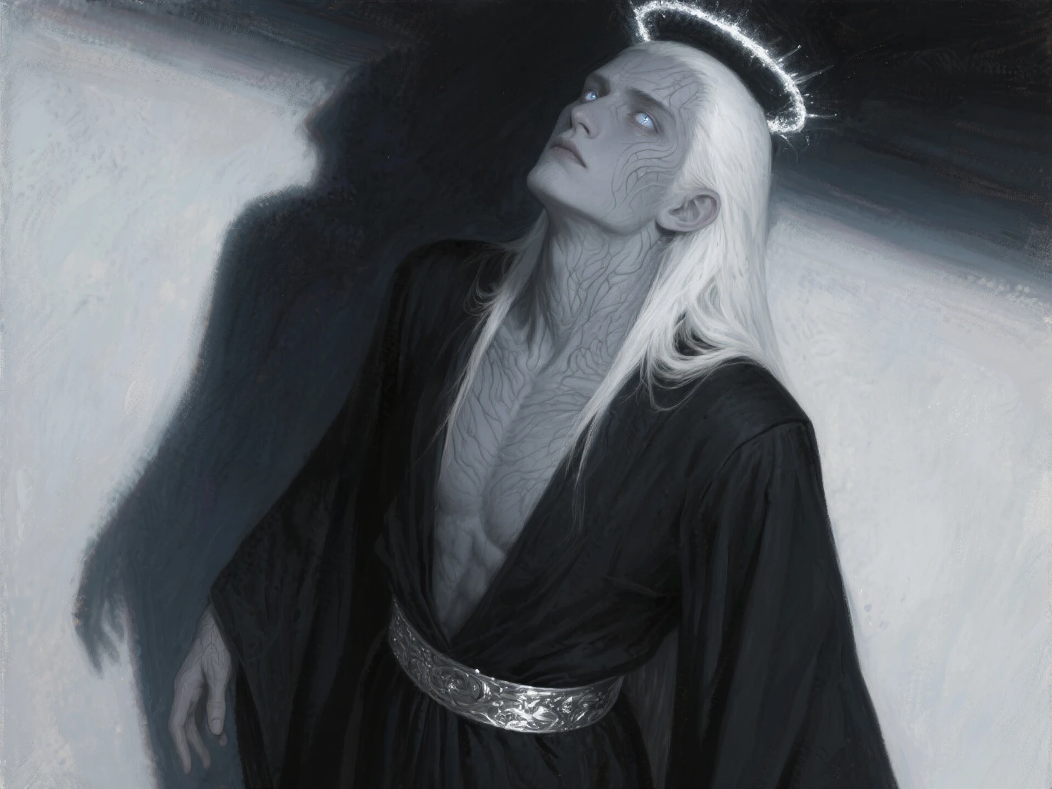 (masterpiece, best quality, 4k, dreamlike, hyperrealistic, Dark Souls:1.35), (strangely beautiful pale translucent albino ageless immortal tall weak lithe slender androgynous male parasitic impotent god with beautiful eyes claws pointy teeth long hair flat chest male crotch bulge soft belly weak stomach, veins and internal organs show through:1.5)