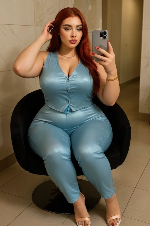 Beautiful bbw woman with medium red hair, in a hoodie, blue dress, suntanned skin, Contrast, good anatomy, brawn,