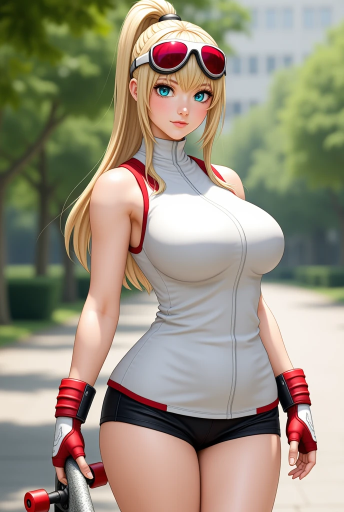 A fit young woman in her 20s wearing a bright red sports bra and black leggings. She has long, straight blonde hair tied in a high ponytail. Her expression is determined, huge boobs,she is walking