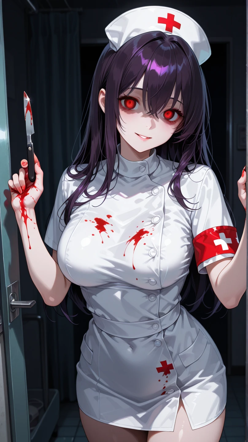 Masterpiece, best quality, 1 girl, pale skin, black hair with evil smile, messy hair, red eyes, glowing eyes, creepy, creepy smile, crazy expression, blood on face, blood on clothes, walking, falling, hanging arm, loose arm, white hospital gown, hospital, hallway, darkness, lighting, creepy, scary, flashing lights, blood, horror, dim light
