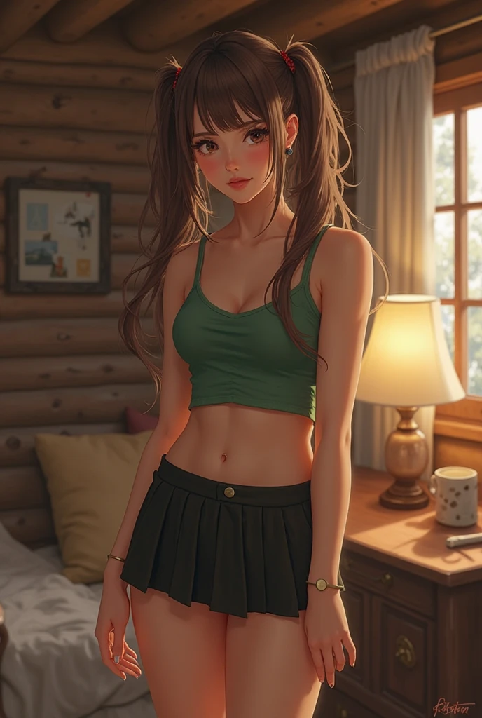 (best quality:1.4),masterpiece,ultra-detailed,delicate features,delicate skin,realism,beautiful lighting,cowboy shot,1girl,brown hair, pony tail,green eyes ,tareme, big , long hair,tanned skin, pink torn top, torn shorts, wasteland