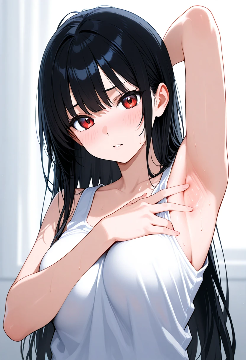 ((Japanese anime, brunette girl, delicate, tsundere), (sexy, shimmering luster, red flashing eyes), (advanced shadow, unique light and shadow effect), (monochrome background, highlight reflection effect), vivid and powerful expressions and movements), (white underwear, panties)