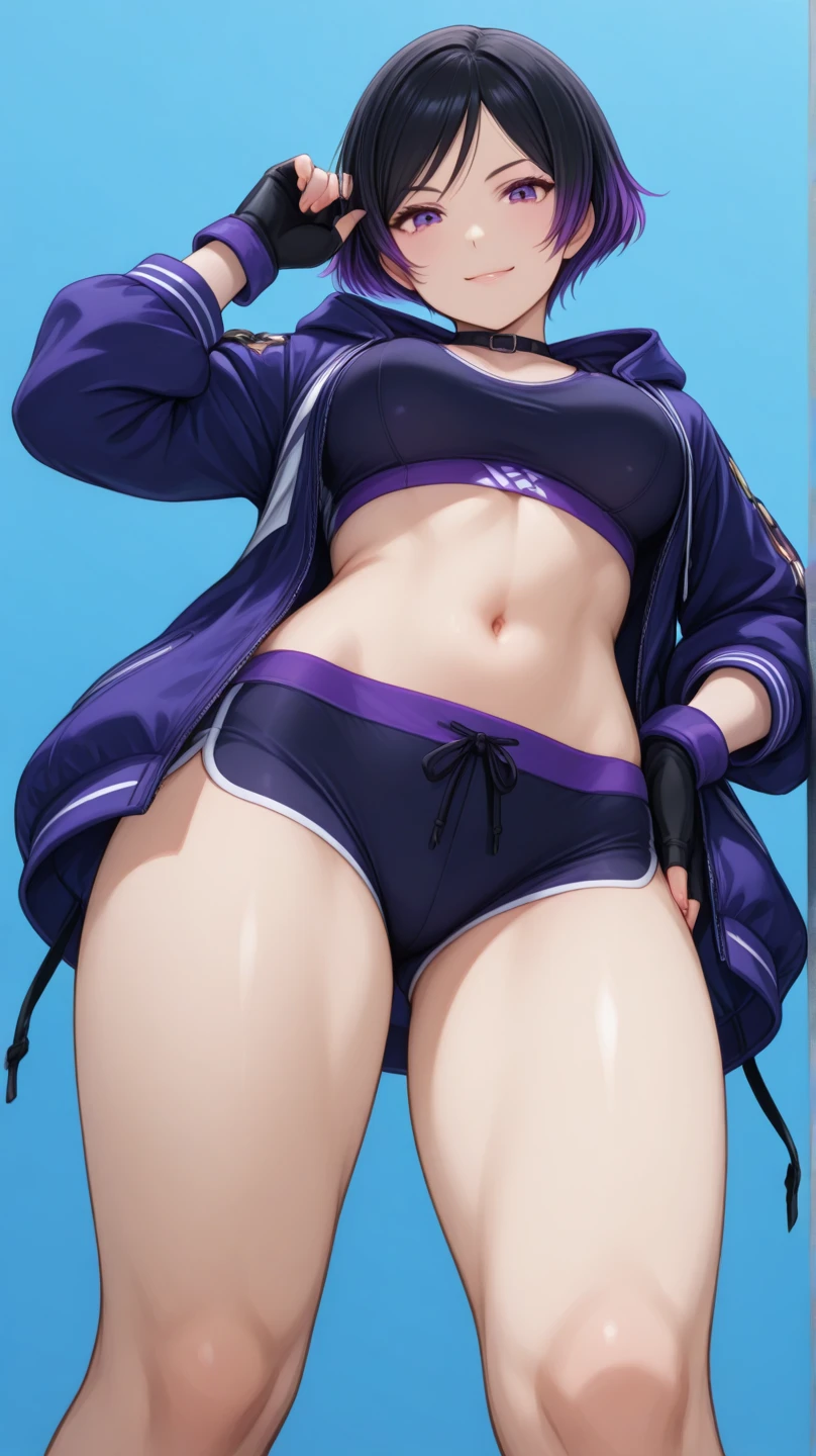 rinooyama,1girl,belt,brown hair,dougi,gloves,fingerless gloves,headband,headwear,purple eyes,short hair,cameltoe,large breasts,