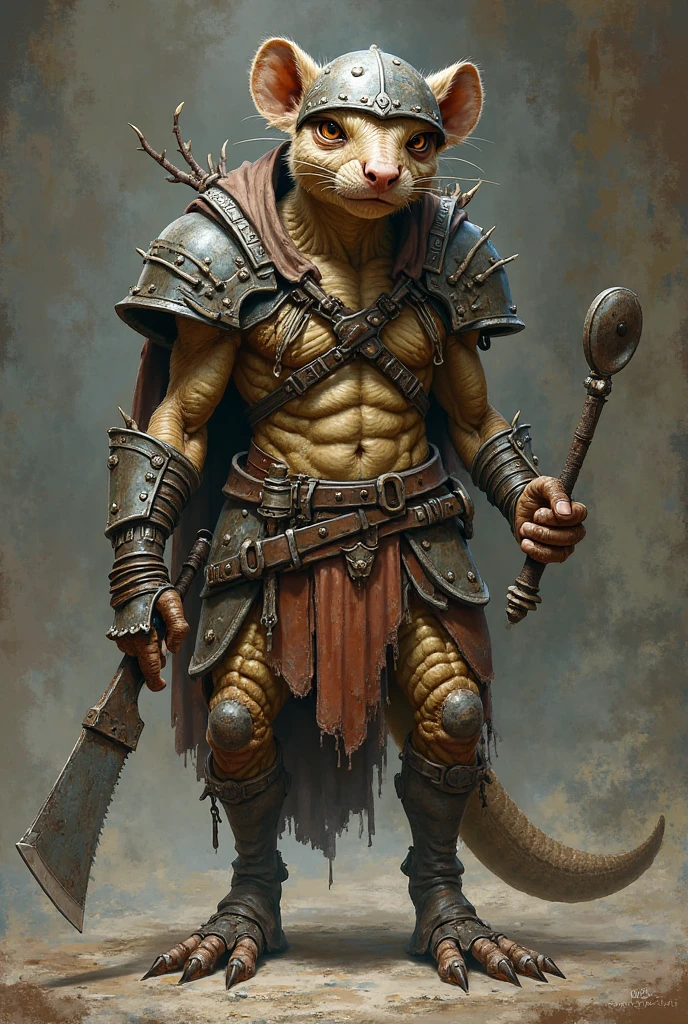 Solo Sexy young anthro furry rat male mercenary medieval solider, slim slim muscular, anthro handsome gay shorter muzzle, handsome gay model male apperance, sword scars, worn out leather skimpy armament, low on hips heavy leather belt, old very worn out skimpy dirty linen material jockstrap, old yellow dirty worn out stains on white sawn jockstrap, very visible "x" brown seam pattern on the jockstrap, studded skimpy armlets breastplate armor, skimpy breastplate, leather bondages, fingerless leather gloves, smelly unwashed furr, dirty body look, desert battlefield, standing in sexy fighting position, close view of full character