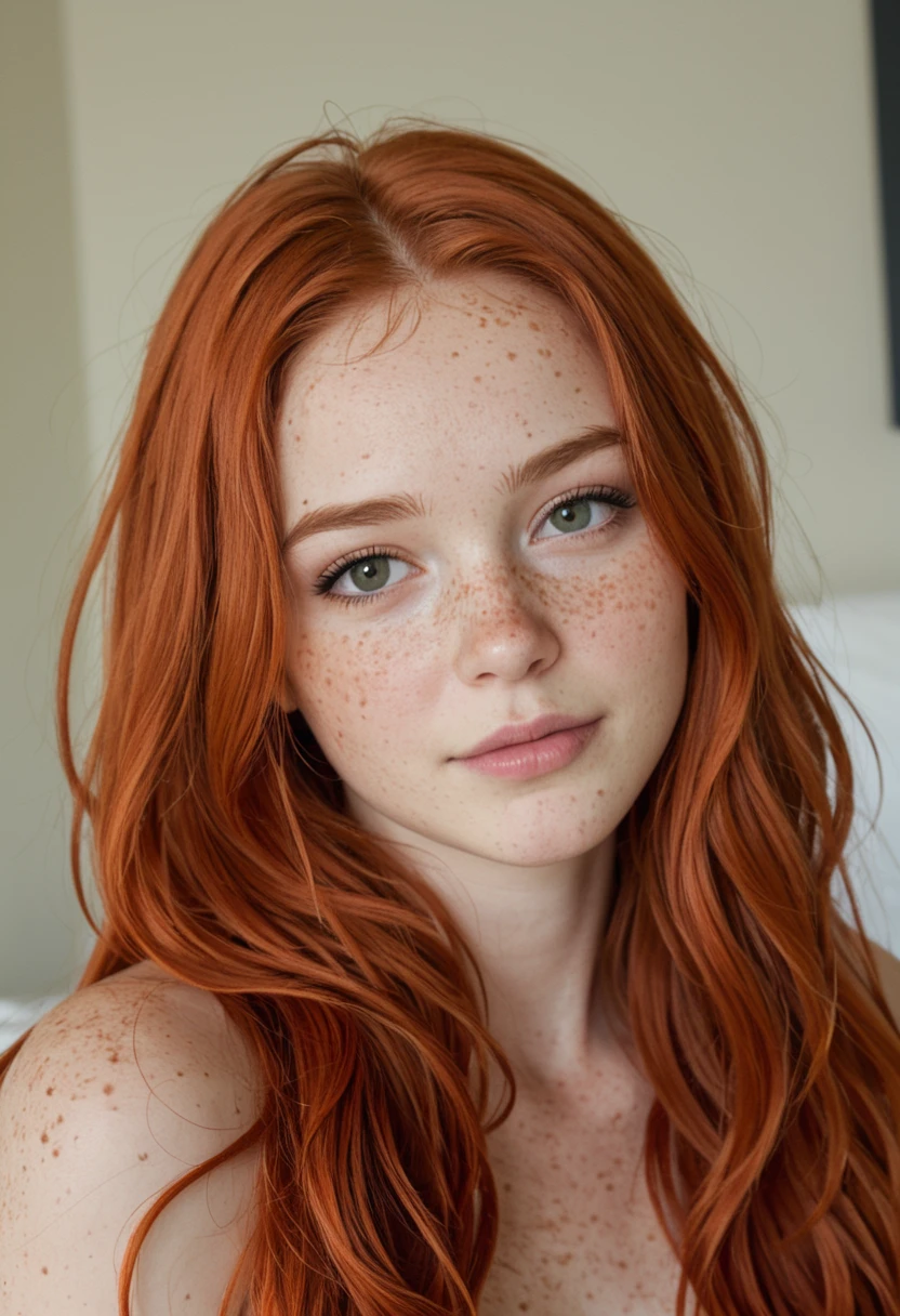 (8k, RAW photo, highest quality), beautiful girl (c14nn4Lynn:0.90) , close up, t-shirt, (detailed eyes:0.8), (highly detailed skin:1.4), (looking at the camera:1.4), freckles, (highest quality), (best shadow), intricate details, interior, (ponytail, ginger hair:1.3), dark studio, muted colors, <lora:epiNoiseoffset_v2:1>