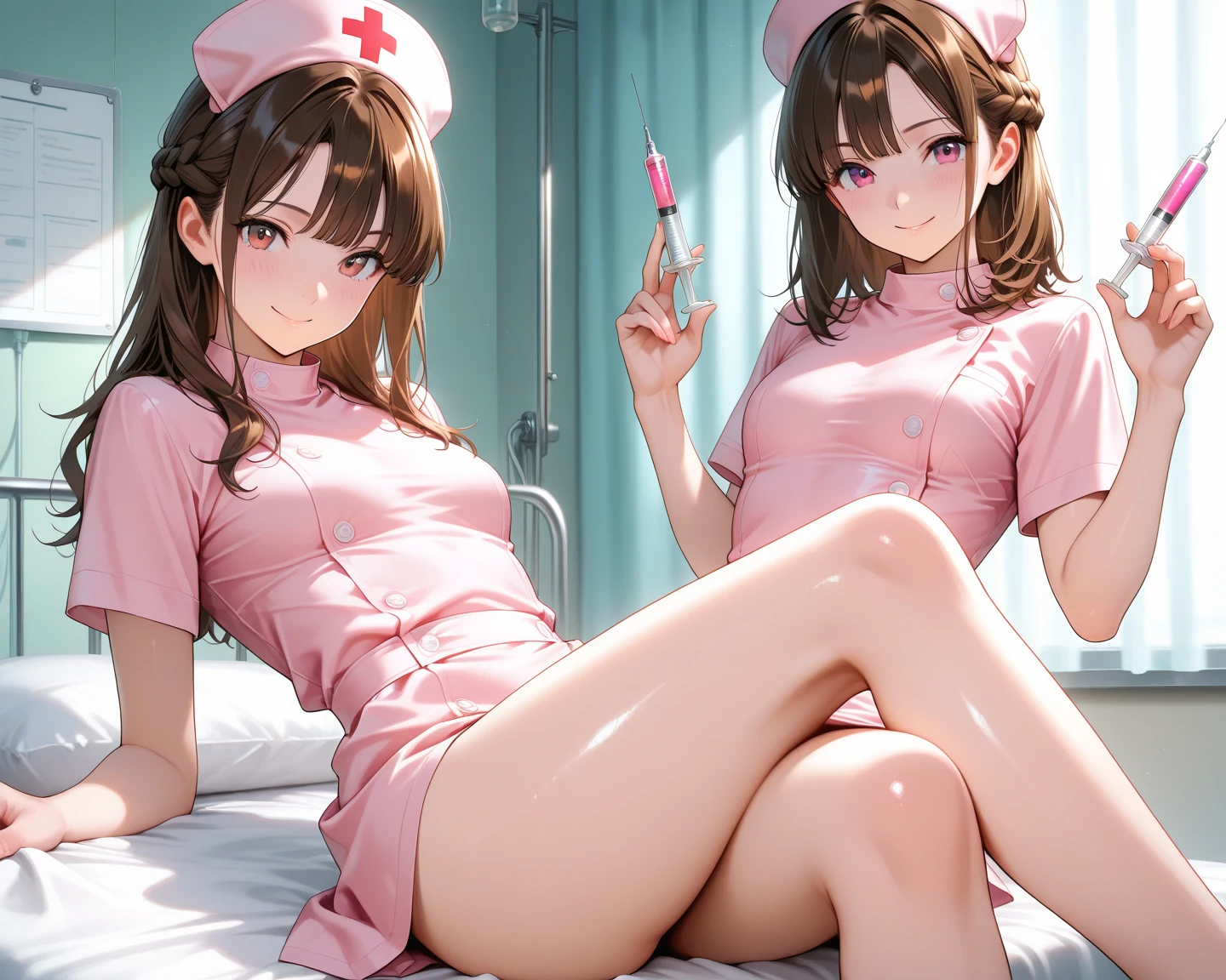1girll,heterosexuality,1boys,The ,footprints,censorship,the feet,nurses,Mosaic examination,Hats,Purple colored hair,nedium breasts,nurse hat,The barefoot,Focus individually,Two-foot foot type,Large breasts,toes,short detailed hair,pantiess,POV,Open-mouthed,pantiess --auto