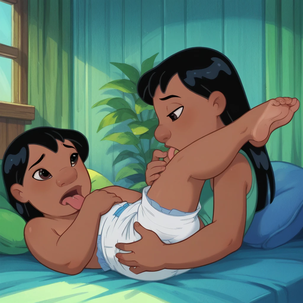 I1girl, 1boy,girl focus,lilo pelekai,impregnation , plump,chibi, standing split, standing on one leg,  (vaginal sex:1.3),masterpiece, expensive quality, very_expensive_solve, big_file size, Full Color,(Completely naked:1.2),Pussy,Nipples, ,score_9, score_8_superior, score_7_superior, score_6_superior, score_5_superior, score_4_superior,cum in pussy,