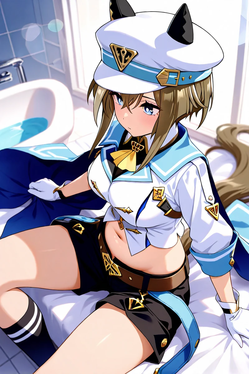 (masterpiece, highest quality:1.2), alone, 1 girl, Martha, slight smile, looking at the viewer, adjusting the hat, have, horse ears, white jacket, Ascot, cape, single glove, white gloves, shorts, horse tail ,spread legs, legs up,((nsfw))