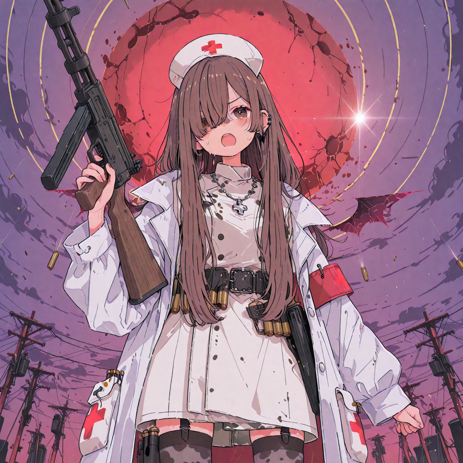 ((masterpiece)),(best quality),ultra-detailed,best illustration,dynamic angle,half body,1 cute girl in war times,working as a medic,looking away with a determined expression,bright brown eyes,short black hair with bandage covering one eye,sweat and blood on face and clothes,(medic:1.4),(uniform:1.3),(stethoscope:1.2),(war:1.1),(explosions and gunfire:1.05),(smoke and dust:1.05),brown and gray theme,dramatic effect,(side bag with medical symbol:1.05),(nurse cap matching uniform color:1.05),(bandage on forehead:1.05),(blood dripping from covered eye:1.05),(scars and bruises:1.05)