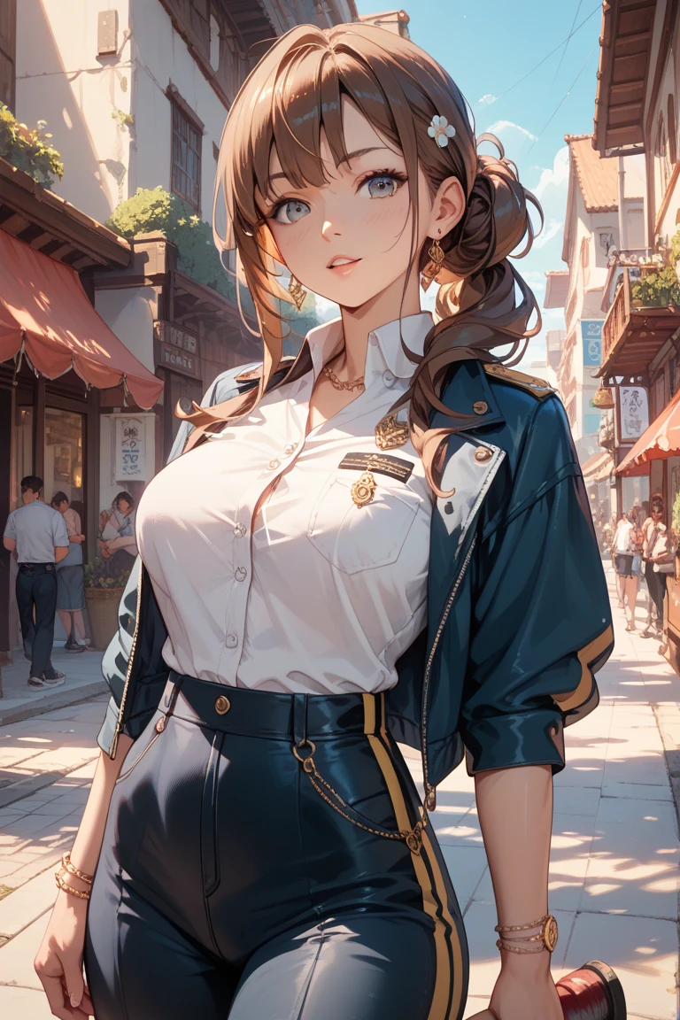 1girl,tiefling, 独奏, pear-shaped face, Beautiful, finely detailed beautiful eyes,black hair, braided hair, Long hair,scar, visible scar, Imperfection of the skin,fantasy creature,scout uniform, scout, exteriors, Nature, dodger, jacket, Street, urban, City