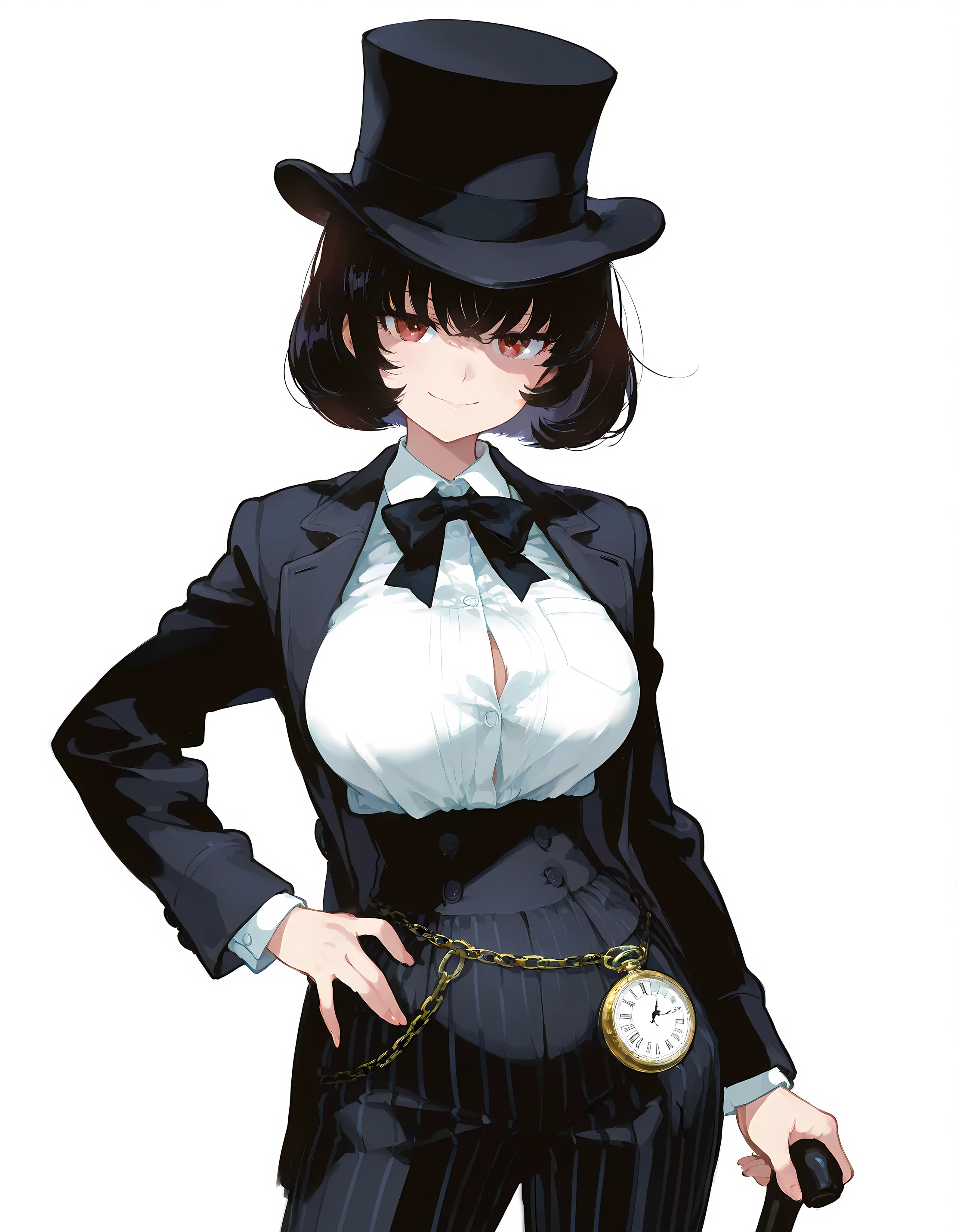 masterpiece, best quality, official anime illustration, (Shibusawa Eiichi genderbend:1.3), (original character:1.2), (1girl:1.2), (solo:1.2), cowboy shot, from front, voluptuous body, large breasts, looking at viewer, standing, one hand on hip, alluring seductive smile, early-20th-century Japanese industrialist attire, fitted black frock coat with cinched waist and low-button stance, crisp white double-collar shirt, black bow tie, dark pin-striped trousers, pocket-watch chain, polished oxford shoes, ebony walking cane held lightly at side, raven wavy bob hair tucked beneath slightly tilted black silk top hat, rim light, sharp line-art, vivid cel shading, simple white background