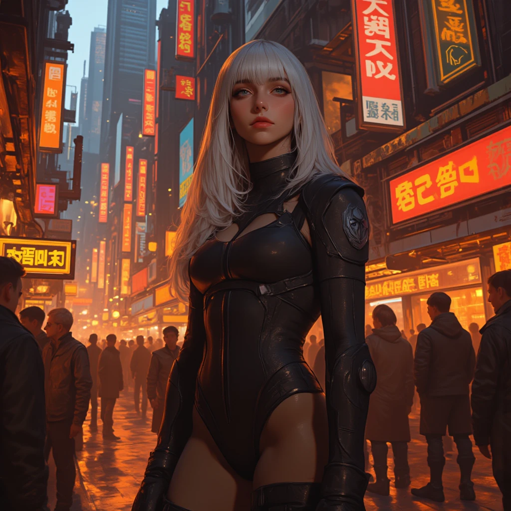 cyberpunk alley, beautiful woman, White hair, mysterious, secret investigator, cyberpunk gabardina, black hole bard, cinematographic, 4k, Steven Spielberg&#39;s epic film, sharp focus, Emitting diodes, smoke, Artillery, sparks, Behind the Scenes, system unit, Motherboard, por Pascal Blanche Rutkowski Repin Artstation, Hyperrealistic painting, Detailed character design concept art, matte paint, Blade Runner with 4k resolution
