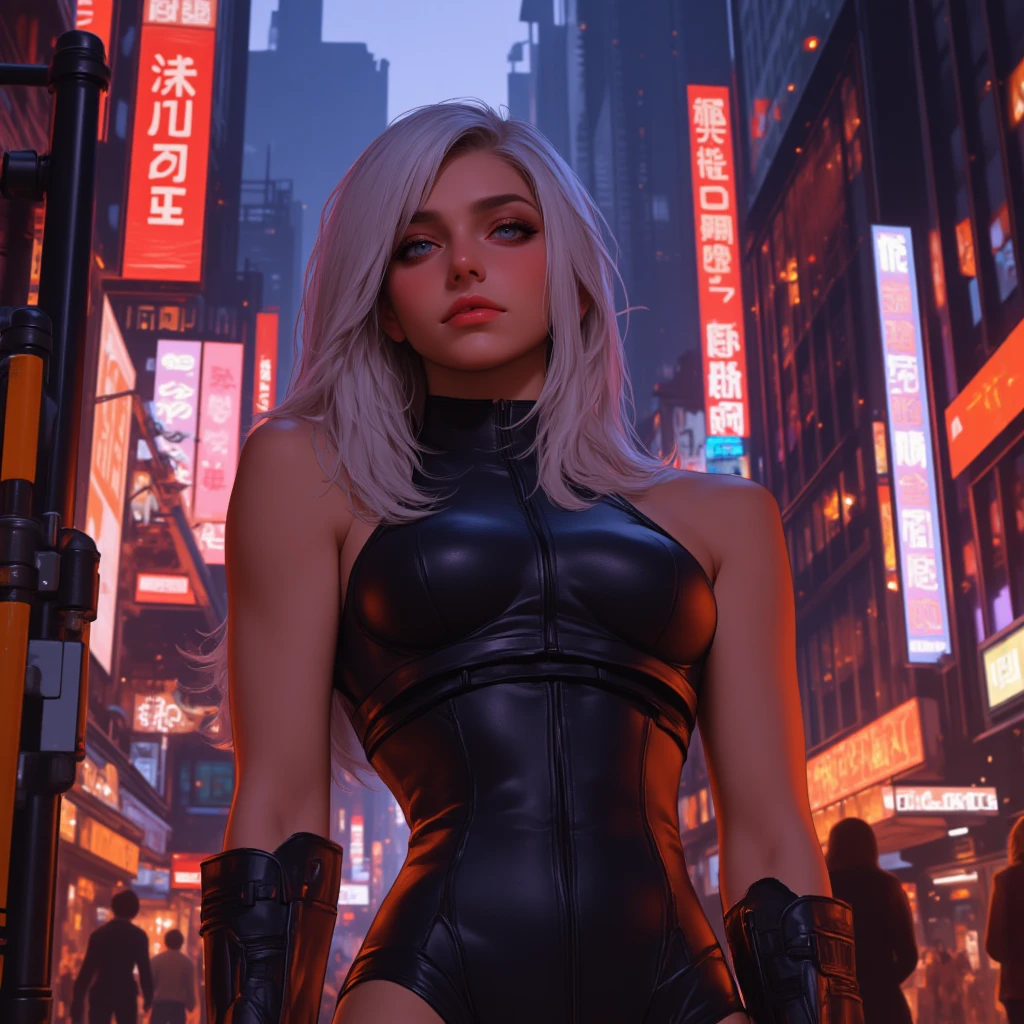 cyberpunk alley, beautiful woman, White hair, mysterious, secret investigator, cyberpunk gabardina, black hole bard, cinematographic, 4k, Steven Spielberg&#39;s epic film, sharp focus, Emitting diodes, smoke, Artillery, sparks, Behind the Scenes, system unit, Motherboard, por Pascal Blanche Rutkowski Repin Artstation, Hyperrealistic painting, Detailed character design concept art, matte paint, Blade Runner with 4k resolution
