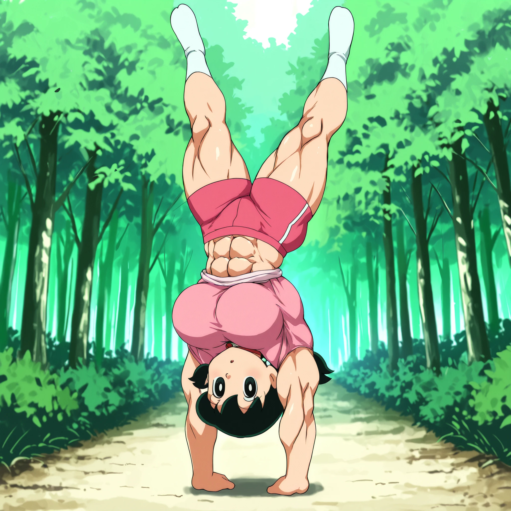 score_9, source_anime, rating_safe BREAK 1girl, solo, minamoto shizuka \(doraemon\), black hair, low twintails, short twintails, black eyes, pink shirt, white solo, long Shot, looking at viewer, eye level shot,big pec's, over-sized breast,pink shirt, pink shorts, upper body shot, eye level shot, tight abs vissible in clothes, doing handstand, side profile, big shoulder's, Big leg's, Thick muscle thigh, calvs, detailed muscle's, detailed muscle's, lat spread, big bicep's, full body, forest outdoors , masterpiece, TOP QUALITY, amazing image quality