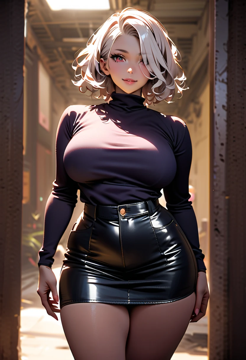 (best quality:1.5, highres, UHD, 4K, detailed lighting, shaders), gray metalic afro haired, gradient hair, large breasts, suit, black shirt, black social shirt, black short skirt, mature woman , (pov), white background, colorful eyeshadow, dramatic lighting, sparkling eyes, sensual expression, golden earrings, flowing hair, delicate facial features, soft skinned, high cheekbones, urban setting, white background, dont look for the camera, lean forward, full body 