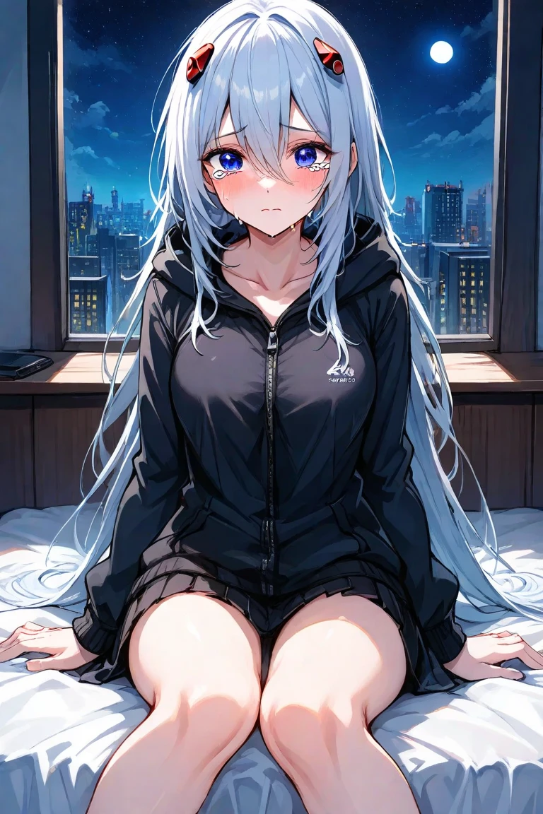 ((masterpiece)), (Highest quality), (Simple style), Silver hair Straight hair Blue eyes Camisole Panties(With ribbon) Long cardigan, slim body, tall, hotel, balcony, night, ???????????? 
