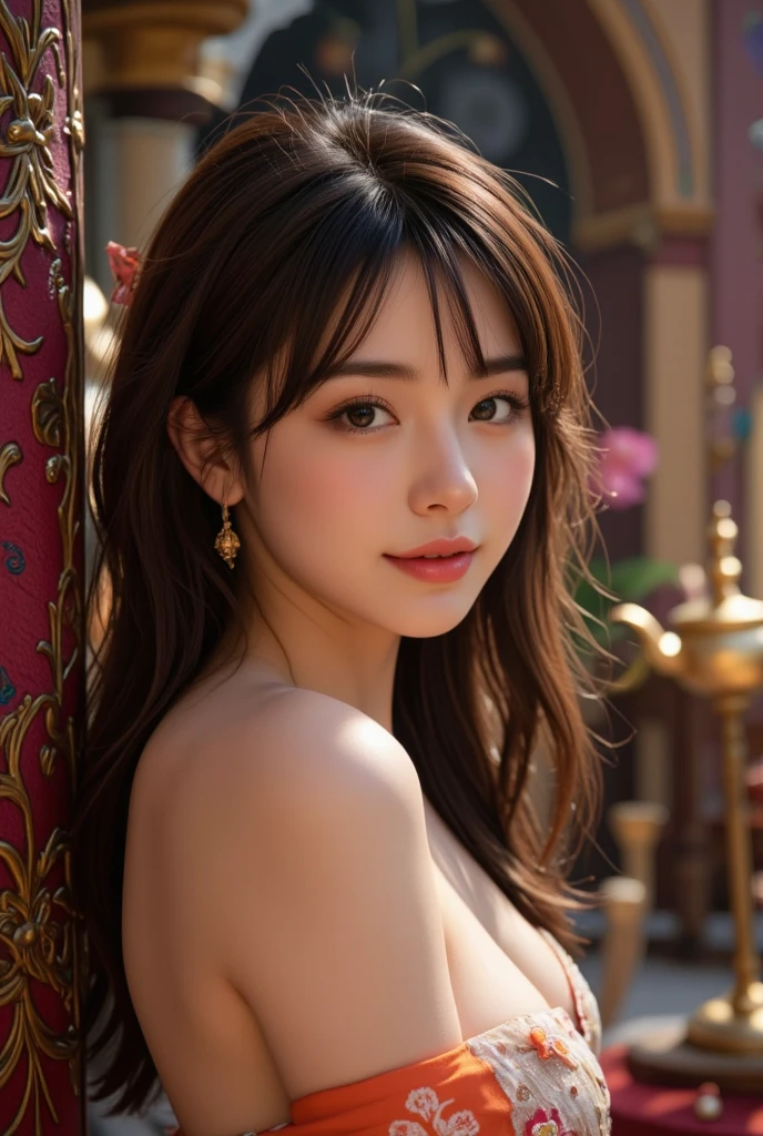 (Realistic, Realistic: 1.37), Unbelievably absurd, (Very detailed: 1.3), 8K, (masterpiece), (Highest quality: 1.4), (Ultra-high resolution: 1.2), (RAW Photos: 1.2), Very detailed背景, (ユニティ 8K 壁紙), One Girl in Nogizaka, very cute, beautiful girl, 15 years old, Exquisitely drawn beautiful faces, eyes and skin, Detailed black shiny hair, Rose Hair Accessories, Smiling for the camera, Cowboy Shot, European castle landscape, Professional Lighting, Nipples are visible, No clothes