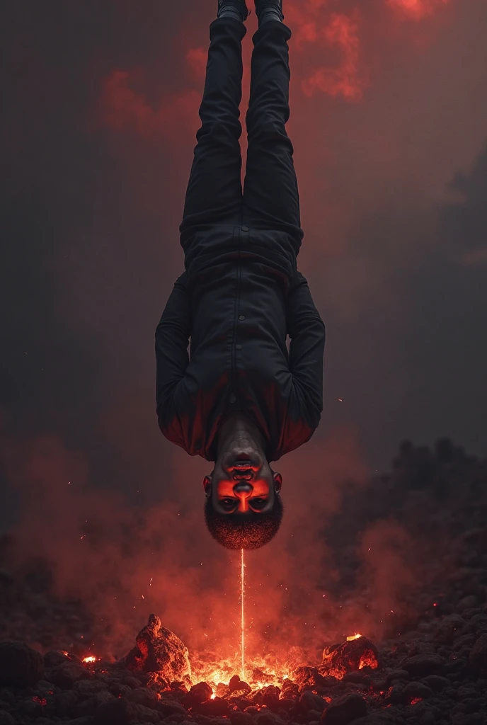 horror,human upside down head below feet above ,in the barren desert ,red hot atmosphere,there was a fire burning behind him.
