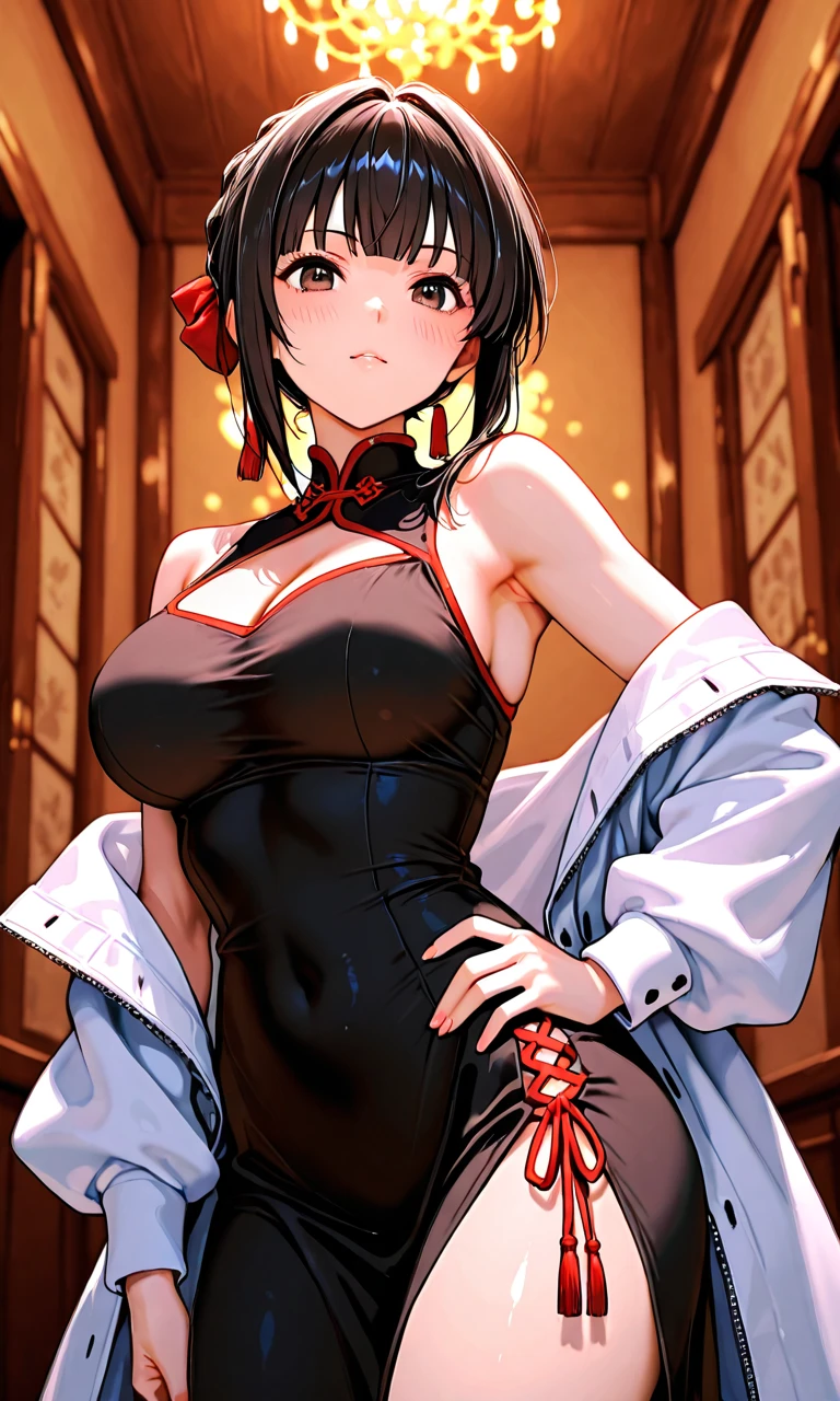 Lee Mayfeng, standing, (3/4 body shot :1.1), mature female, 1girl, anime face, standing, solo, chinese dress, makeup, gigantic breasts, lipstick, red eyes, short hair, brown hair, underboob, cleavage, perfect body, (athletic body:1.1), perfect eyes, anime eyes, smoky eyeliner, eyeshadow, perfect face, smiling, sharp focus, intricate details, masterpiece painting, professional artwork, (vibrant colors:1.1), vivid colors, Diffused lighting, digital blending, ultra detailed body, ultra detail hair, ultra detail face, trending on pixiv, by Kagami Hirotaka, , posing, night_sky, city lights, indoors, luxury office, sitting on luxury chair