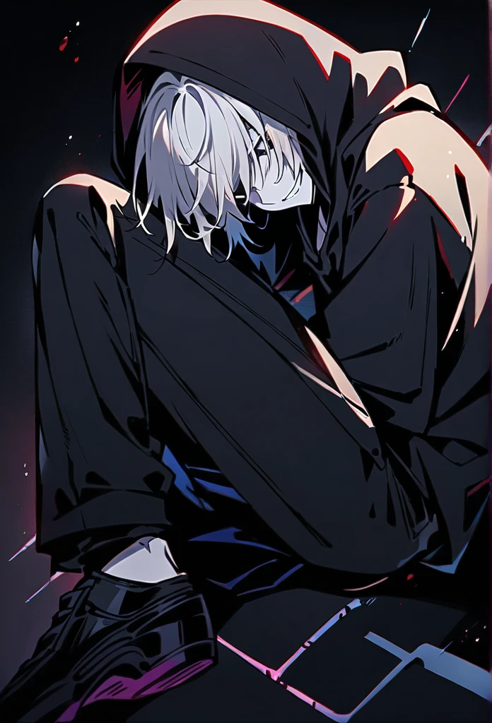 black and white drawing, black background, human, 26 year old male, black neat hair, black hair, a lonely face, wearing gray tracksuit, sit down, raise one's eyes, scream, shout, nier, Despair