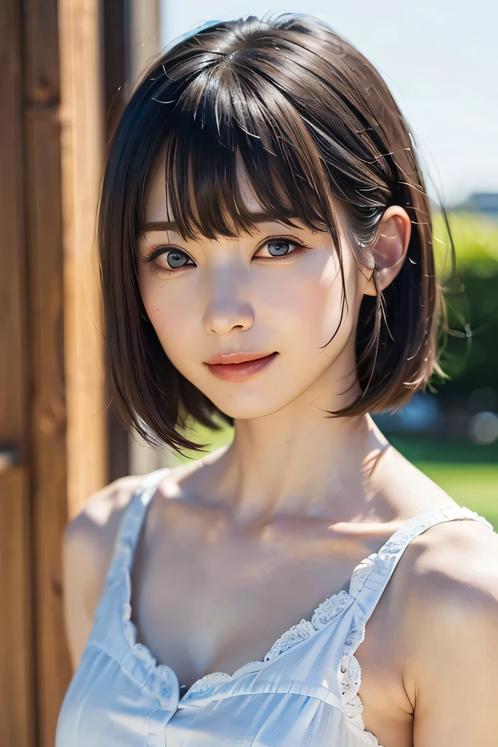 (masterpiece, Highest quality),One Girl, alone, hyper Realistic, Realistic,Realistic, Looking at the audience, Light brown eyes:1.4,Brunette Short Bob Hair with highly detailed shiny hair, Brightly colored winter clothes, Lepangas:1.4), Plein Air, Mouth closed, Upper Body、big chest eye、eyelash、{Hugeな|big chest|Hugeなな|Mega} chest:2, chestの谷間:2、{Huge|big|Hugeな|Mega} chest, chestの谷間、(((big chest eye、Short Bob Hair、Student Highlights、Gazing at the audience、She is very beautiful and cute、Listen carefully、Long neck、smile、Close your mouth and smile、bangsと美しい歯、bangs、Perfect Anatomy)))、Ideal body type、(Snowy tree-lined road in winter in Norway, Out of focus background)、美しいLong neck:1.4、