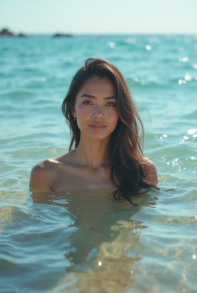 african girl, black ethnicity, wearing dress , wet hair ,, thick girl ,sexy photo, lying in the sea,in the sea in Maldives,