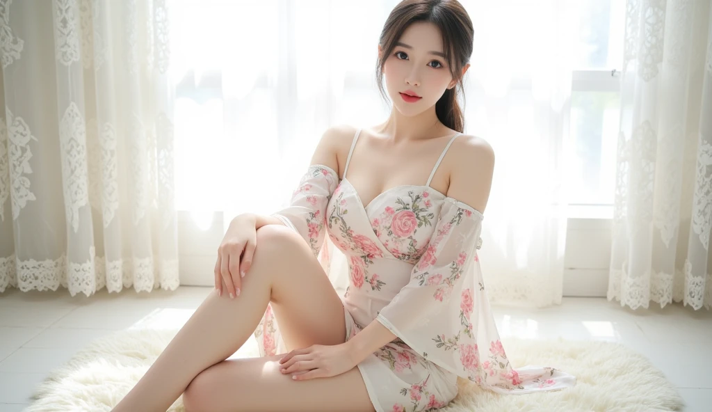 1girl, (ulzzang-6500:0.7), kpop idol, yae miko, detached sleeves, bare shoulders, pink hair, long hair, japanese clothes, best quality, (painting:1.5), (hair ornament:1.35), jewelry, purple eyes, earrings, breasts, torii,  cherry blossoms,  lantern light, depth of field, detailed face, face focus, ribbon_trim, (looking at viewer:1.25), nontraditional miko, shiny skin, long sleeves, smile, thick lips, game cg, hands on lips, east asian architecture, (blurry background:1.2), sitting, upper body,