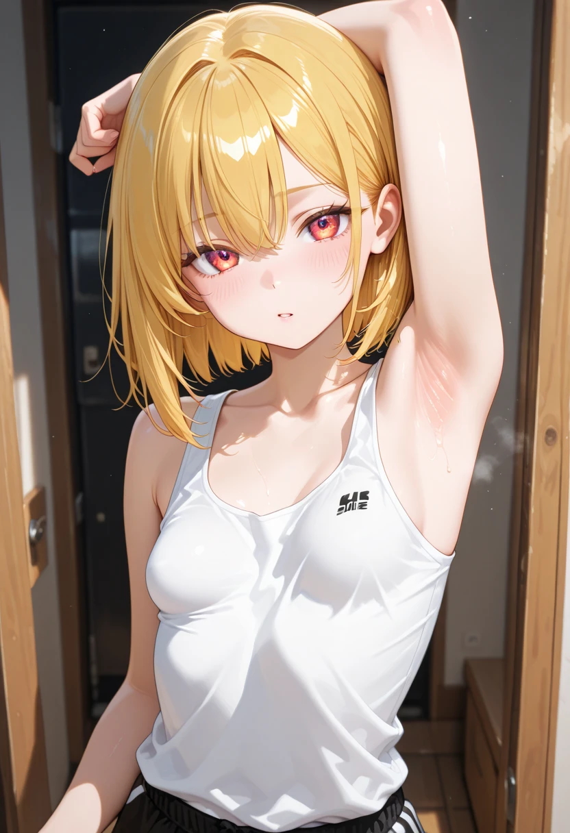 NSFW,Hololive,Kazema Iroha,Blonde,ponytail,hair ornaments,Headband,cropped,No sleeve,hot pants,Embarrassed,blush,Excited,Clenched teeth,Night Park,(Perfect hands),(Perfect Anatomy),(masterpiece),(highest quality),One man,Having sex,orgasm