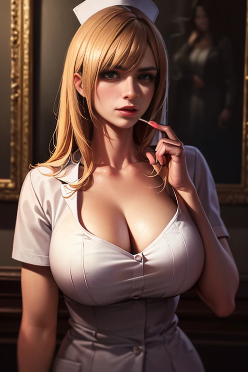 8K quality、High resolution、Realistic skin texture、High resolutionの肌、Beautiful cleavage、Full Body Shot、Moist lips、Sitting at a desk looking at documents