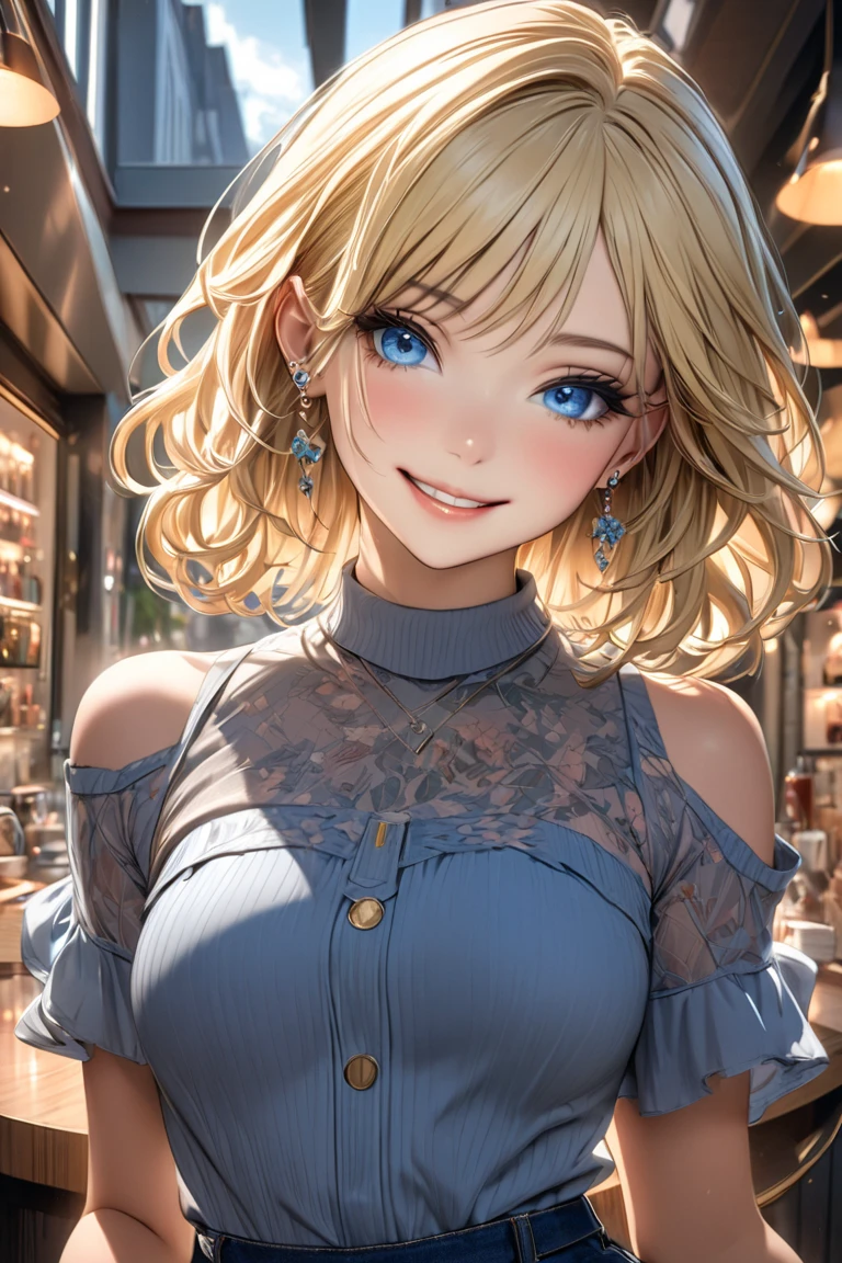 (table top), sexy、Natural light, realistic diffused light、, professional lighting、shine a spotlight on a person、Big eyes、eyes are blue、blonde、Russian、night、Laugh a little、
