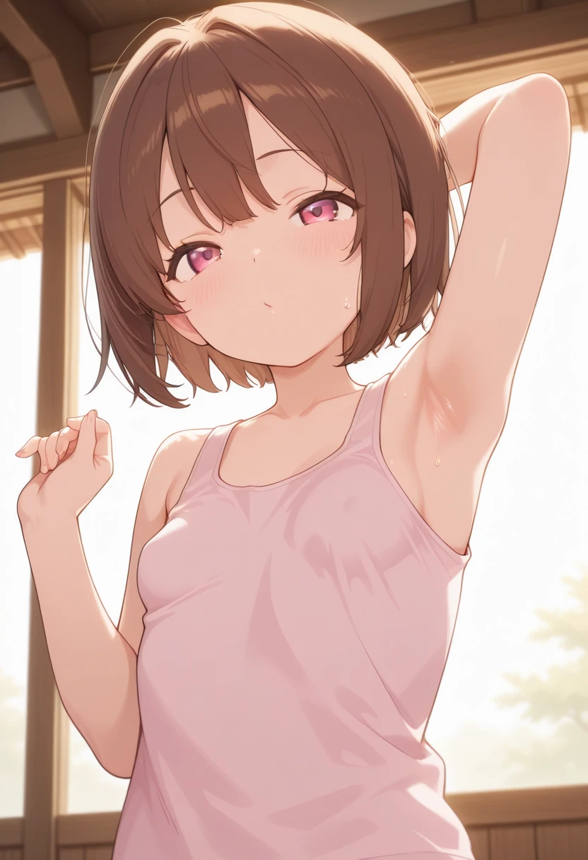 Best quality, highly detailed, dynamic lighting) Brown haired woman, gorgeous, mature, beautiful, bob hair, brown eyes, chubby, small to medium breasts, smiling, thin white tank top, see through, perky brown nipples, pink shorts, sweating, summer traditional japanese house, hidden cam angle