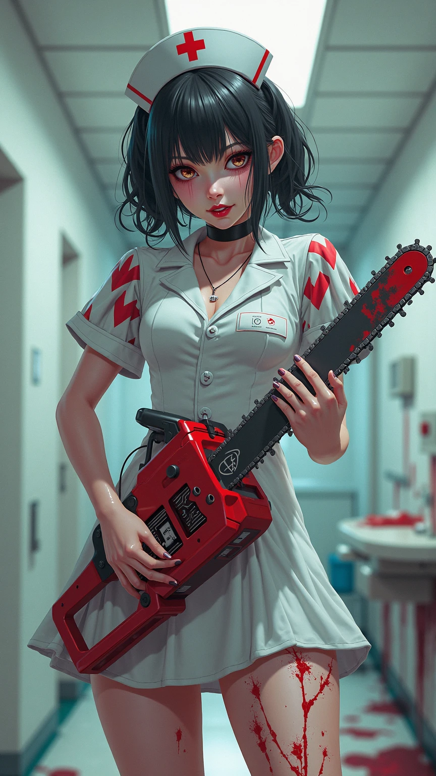 Seductive and Beautiful young woman with a soul of pure evil and hatred chainsaw. Alluring long red haired serial killer wearing a tight “Your suffering makes me wet” long sleeve pink shirt, a black pleated microskirt and black ankle high boots. Surrounded by blood and bodies.  She attacks a man viciously, A bloody knife in her right hand. A sinister smile crosses her glossy red lips.(motosierra:1.4), high quality, (RAW photo, best quality), (realistic, photorealistic: 1.4), (extremely delicate and beautiful: 1.4), amazing, fine details, masterpiece, ultra detailed, high resolution, best illustration, best shadow, intricate, ( extremely intricate: 1.2), (exquisitely detailed skin), cinematic light, perfect anatomy, (cool color: 1.4), sharp focus, 8k UHD, DSLR, (Fujifilm XT3),Epic Fantasy Art Style HD, 4K fantasy art, epic fantasy digital art style, epic fantasy art style, Fantasy Woman, epic fantasy art portrait, Epic fantasy style, hyperrealistic fantasy art, hd fantasy art, Epic fantasy character art, epic fantasy art, in style of dark fantasy art, epic fantasy digital art, (estilo cinematográfico :1.4), (efectos cinematográfico :1.4), (colores cinematográfico)