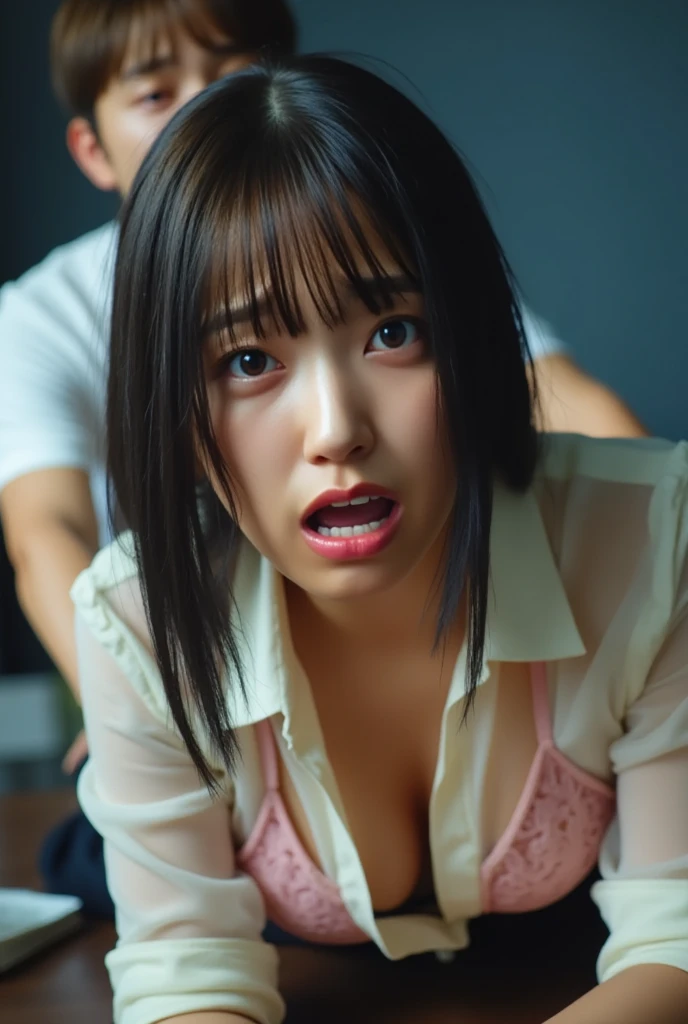 cute girl sucking penis,deapthroat,black wavy hair,excessive cum,(happy),tareme,face focus,look at viewer,head grab,at classroom,dress shirt,black hair,short hair,(crying)