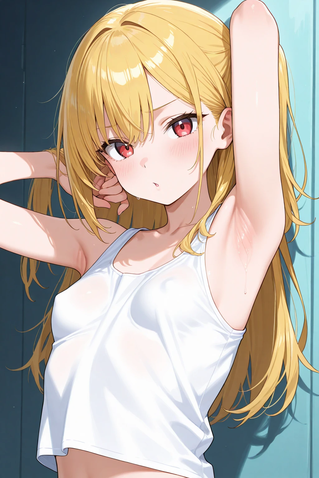 Optimal,masterpiece,High resolution,Highest quality,Hyper HD,Very detailed,Award-winning,16K,alone,(Upper Body),Correct Anatomy,Beautiful Cyberpunk Girl,Cowboy Shot、Cute Face,,blonde、Long Hair、Twin tails、Braiding, Hairline,((Scarlet Eyes)),Long eyelashes,Drooping eye corners,White skin,Shoot from the side, ((See-through camisole:1.5)), ((Transparent nipples))、rocket , (Because I'thin),