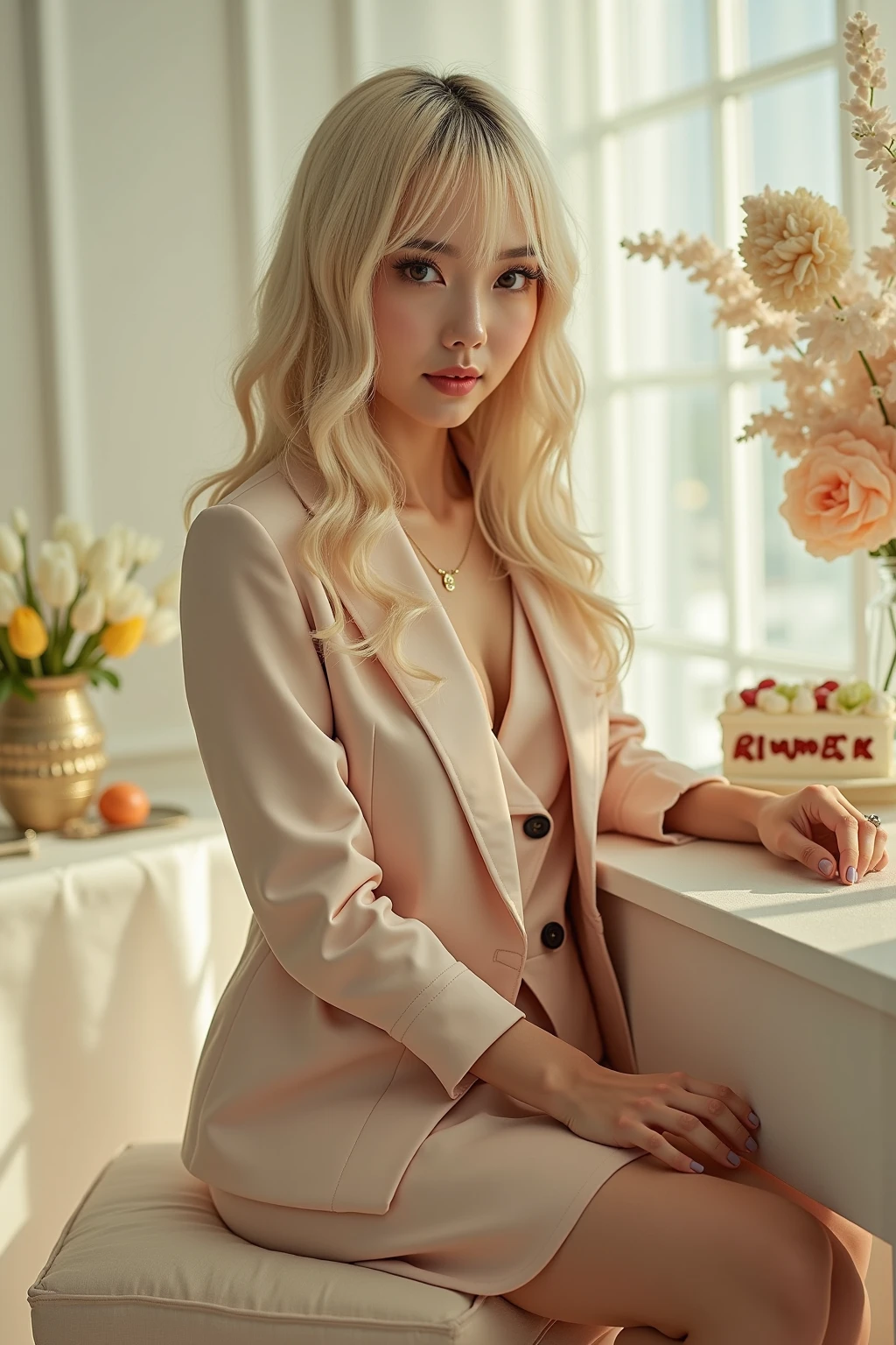 blonde woman sitting on a black sofa holding a glass of wine, luxury suit, Park Roseanne de Blackpink, girl in suit, girl in suit, wearing fashion suit, wearing a worn brown suit, jia, tan suit, trench coat and suit, sitting at a mocha table, heonhwa choe, ellie bamber, shaxi, amber
