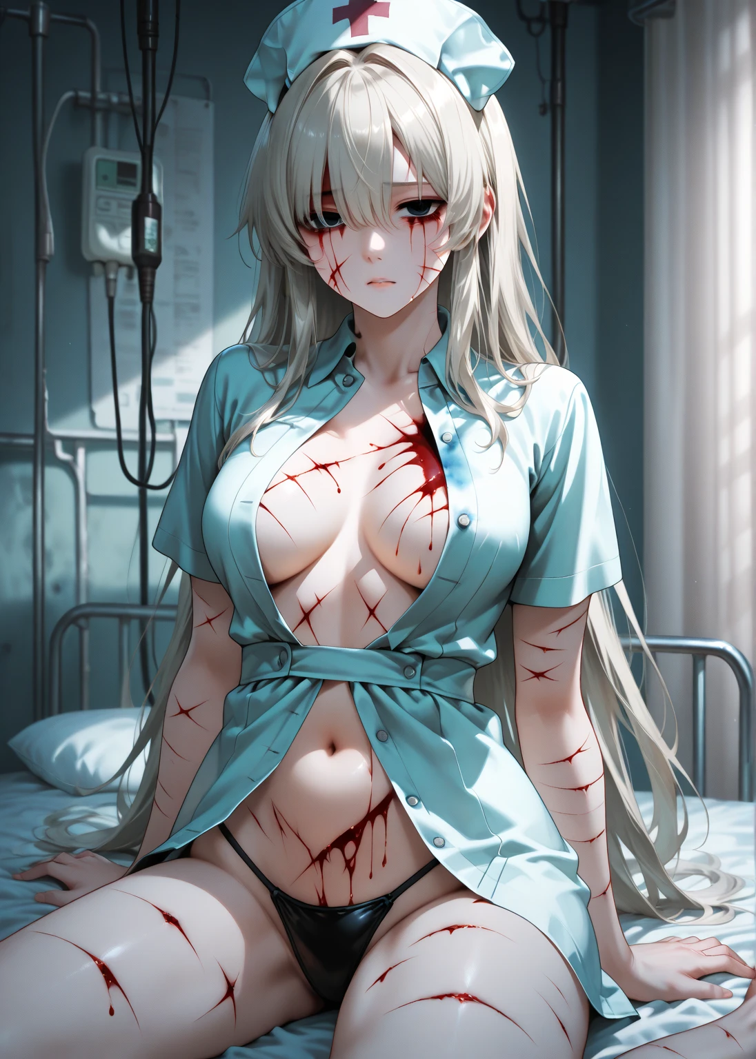 ((masterpiece, highest quality:1.2)),nsfw,POV,vaginal penis,(Hymen Academy: Vaginal bleeding after defloration:1.6,Bleeding blood runs down the penis:1.3),cowboy shot,1woman,28-year-old beauty,solo,((very small head:1.2)),short hair,messy hair,light blue hair,blue eyes,blunt,((very long and slender body:1.2)),toned body,skinny,medium breasts,shiny skin,oily skin sweat:1.3,crying,tears,open mouth,naked,white_thighhighs,1man and 1woman,having sea art:1.5,lying on back,spread legs,Simple bed、simple hotel、