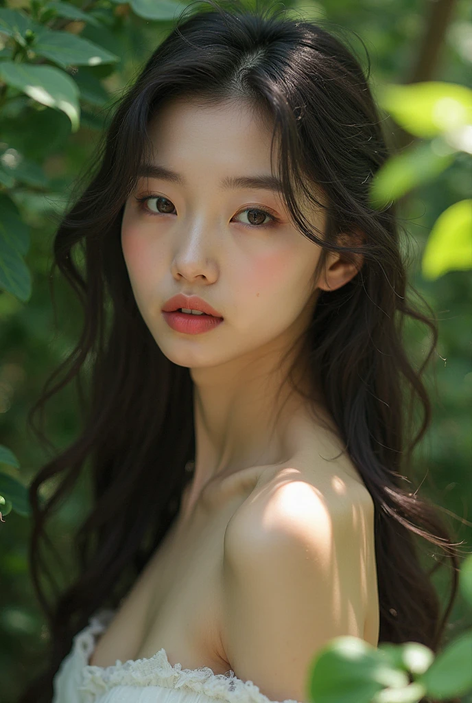 {top-quality}, {{​masterpiece}}, {extremely delicate and beautiful},Outstanding light and shadow, highly detailed wallpaper,Clear and bright sunlight,1girl in,naked、gaze looking beyond,red blush,Strong sunshine,delicate and messy hair,realistic skin textures, Pronounced pores and skin wrinkles,tropical rainforest,((strong light shines on the face)), The upper part of the body, naked portrait, nude photography, detailed armpit, pussy pubic hair, shiny nipple 
