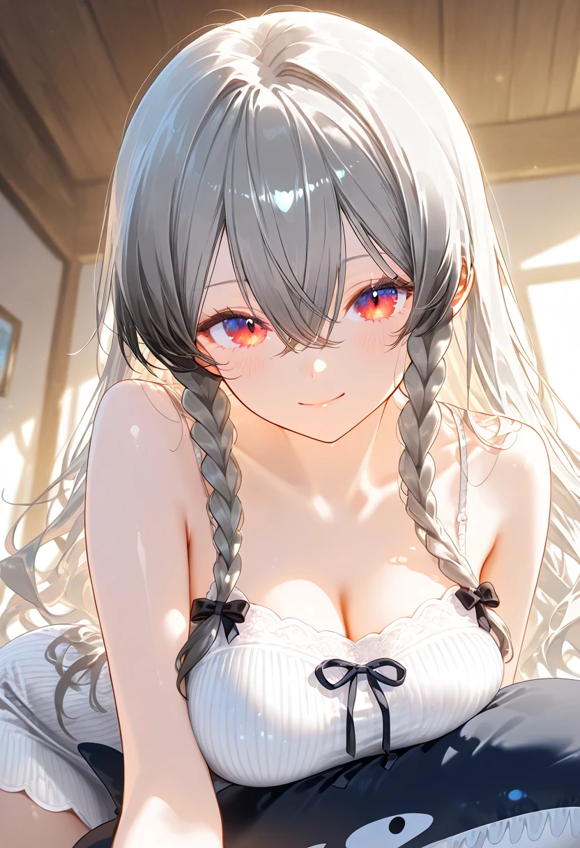 score_9, score_8_up, score_7_up, source_anime, masterpiece, absurdres, medium breasts, perfect face, 1girl, cute expression, amused, smiling, background: bedroom, alisamikhailovna, alisamikhailovna kujou, long hair, bangs, blue eyes, tiara, ahoge, gray hair, red ribbon, (cat lingerie:1.1), (red lingerie:1.1)