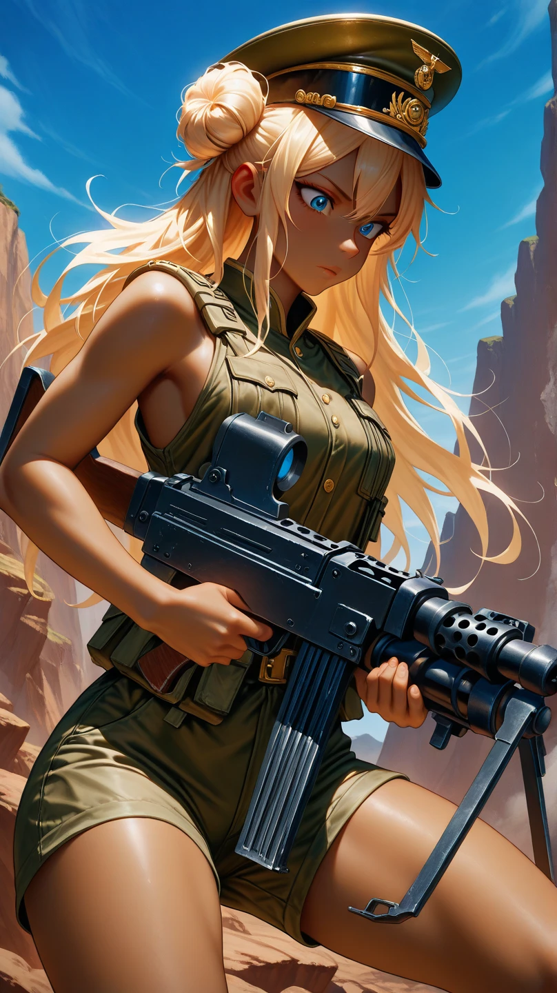 Gere uma imagem da personagem Mara, also known as 'Mara Death Dealer', do jogo Call of Duty: Guerra moderna: corpo inteiro, fisionomia cruel, ((nua)) brincos grande, colar pulseira, rings, gold watch, na praia, sol poente, palmeiras, corpo escultural, flowing hair, ((metralhadoras, pistolas, fuzil AK-47, Granadas, gold accessories)) standing on a ((tanque de guerra Russo T-14 Armata))
Sem roupa