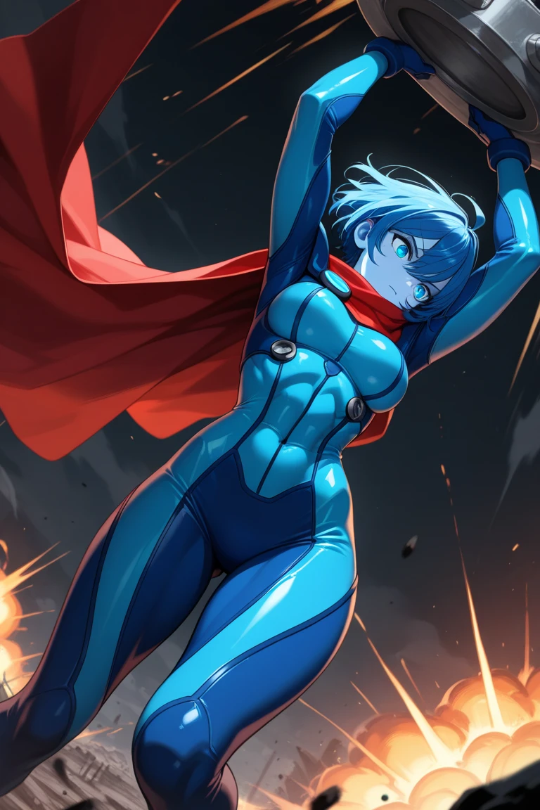 short hair and light blue hair, happy face, Black face mask, big breasts, red full bodysuit, long black gloves, long black boots, black thong with a yellow i on her chest.