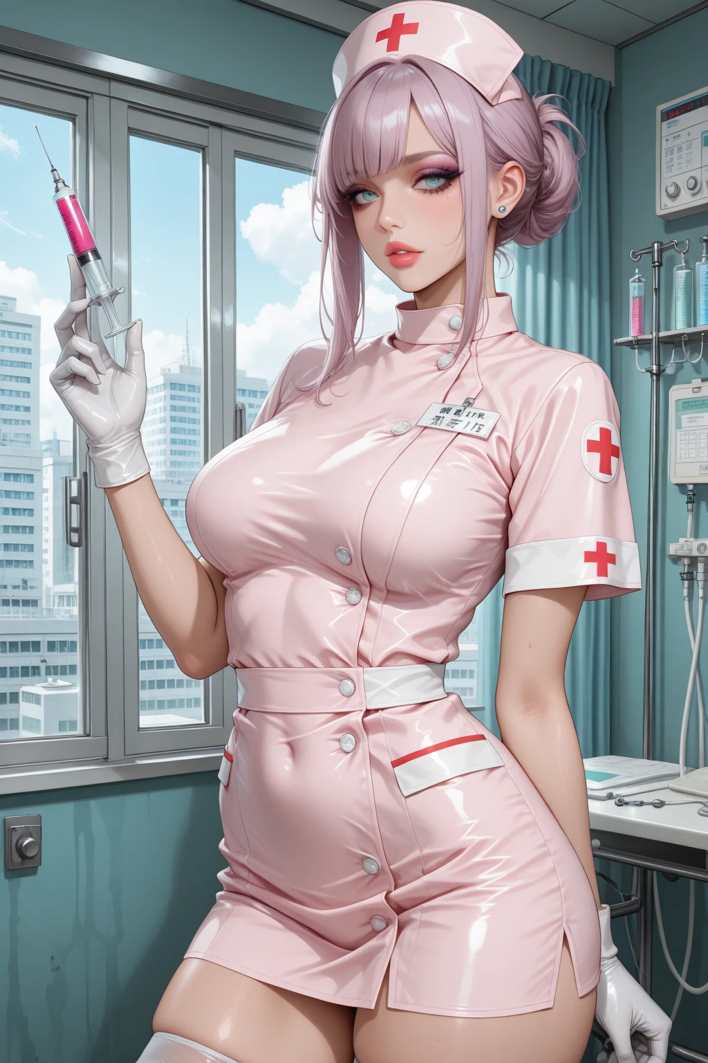 nurse uniform,hospital, latex nurse suit,nurses,busty,elbow gloves,labcoat,black hair woman,blue eyes , gigantic ,medical instruments,asian nurse,two nurses,speculum,examination room,oversize ,big ass ,strap on, lay on table ,legs spreaded,giving birth,gyno chair , dentist,Milf,latex,pink uniform,oversize breasts