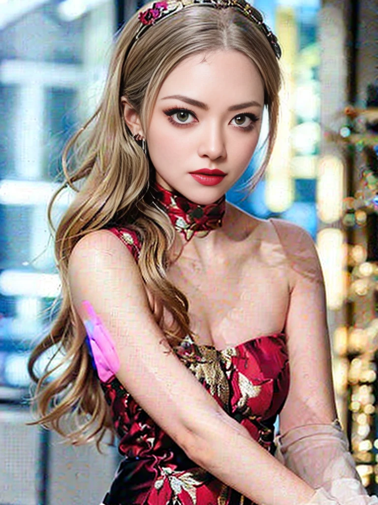 (masterpiece) Best quality picture of a blonde woman with mesmerizing green eyes at an award event at the funpark of a restaurant, standing with a red long dress with paparazzi flash on her face. She shines brightly like a true celebrity, with emphasis on the red carpet and her beauty, in a dynamic angle and pose, subtile double eyelid, 1girl, (sponsor wall) ((blonde))