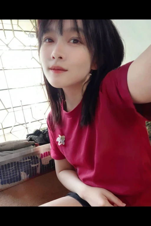 there is a woman sitting on a bed with a cell phone, south east asian with round face, photo of the girl, portrait of modern darna, photo of a woman, with very thin lips, with round face, potrait, face picture, close up potrait, with accurate face, taken with sony alpha 9, picture, with short hair, big bobs, bobs, perfect breast, perfect bobs, a women no bra, no bra, Nipple, a transparant t-shirt, transparant dress, No Bra, 1 girl with no bra, full body, transparant body, nipples, no bra, no bra, perfect bobs, 