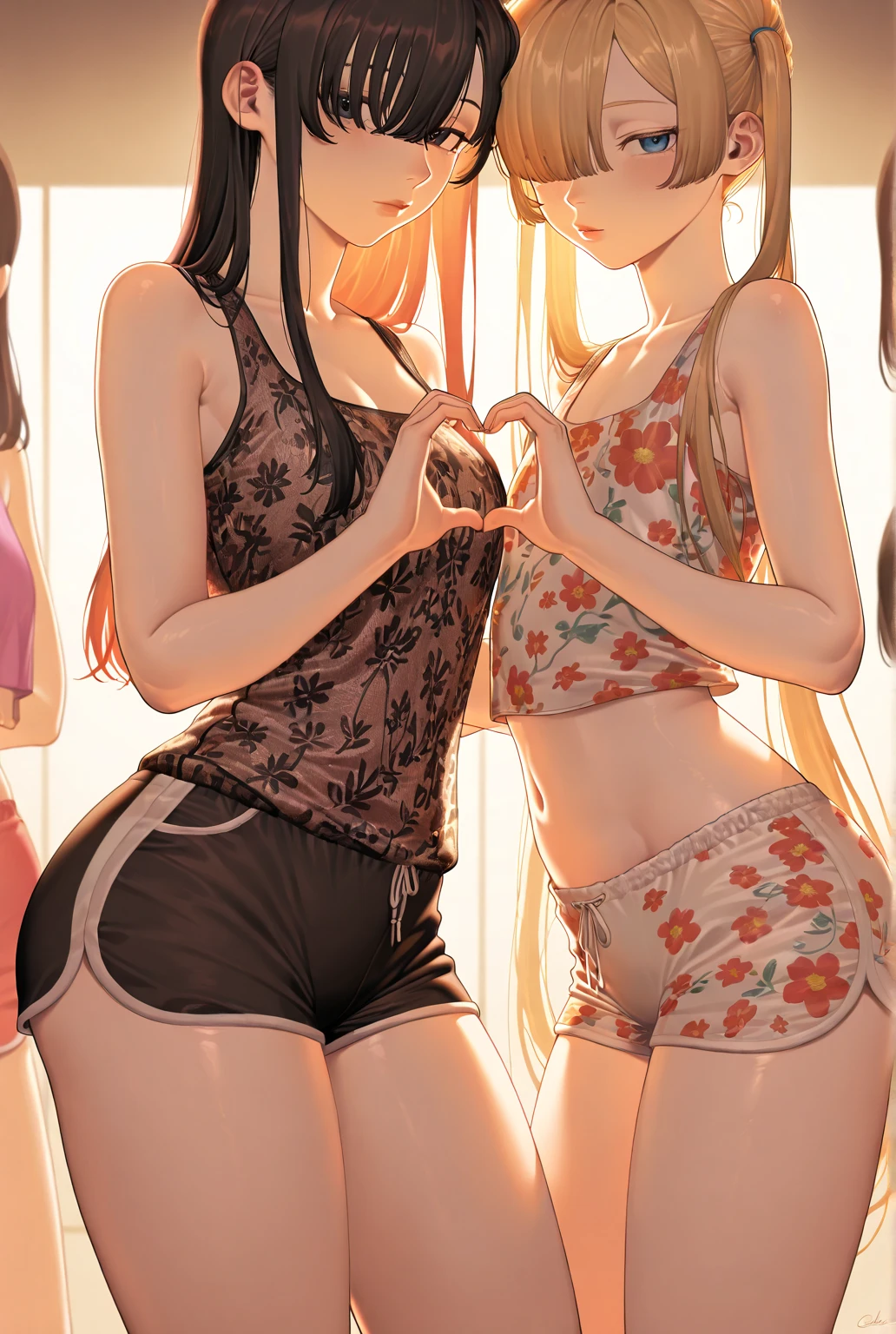 Two-dimensional girl、((Summer light))、Steppe on a summer day、((From the top))、The Sun Directly Above、huge-breasted、big round glasses、bbw,Large Thigh、Two girls、embracing each other、Deep kissing、the kiss、lesbian、red blush、Okinawa、hibiscus、swim wears