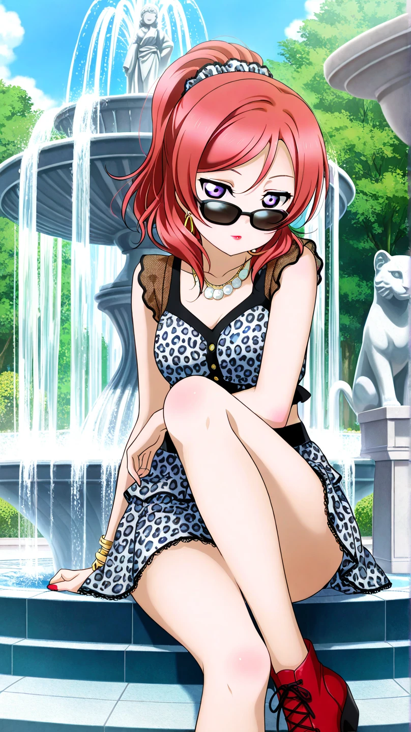 (Masterpiece, Best Quality, High Quality), professional artwork, well drawn, Intricate Details, slightly side view,
Nishikino maki, afternoon, 
Red hair, ultra detail hair, ultra detail face, perfect eyes, perfect face, earring, purple eyes, Looking at Viewer, sitting, smile,
Leopard print tube top, strapless, leopard print shorts , queen tiara 