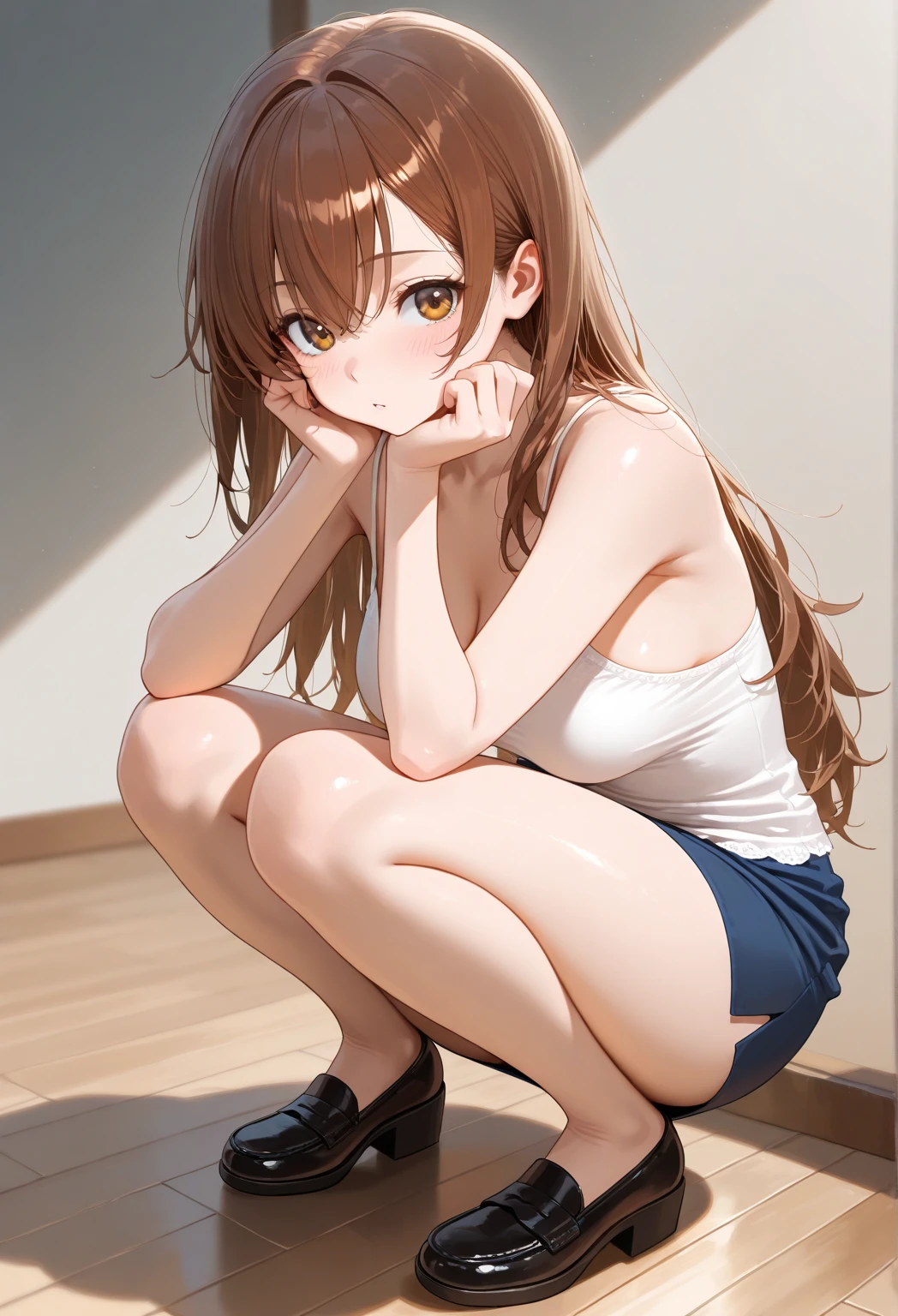 Pintura de una mujer realista con un vestido hasta las piernas, sentada en el suelo con las piernas cruzadas, Pintado en Anime Painter Studio, Hecho con Anime Painter Studio, chica pelirroja, Pintura digital brillante, Estilo de pintura digital, Pintura digital 4K, Pintura digital 4K, Arte de anime digital, Arte digital realista 4K, Arte digital realista 4K, Pintura digital suave, Hermosa chica de anime en cuclillas