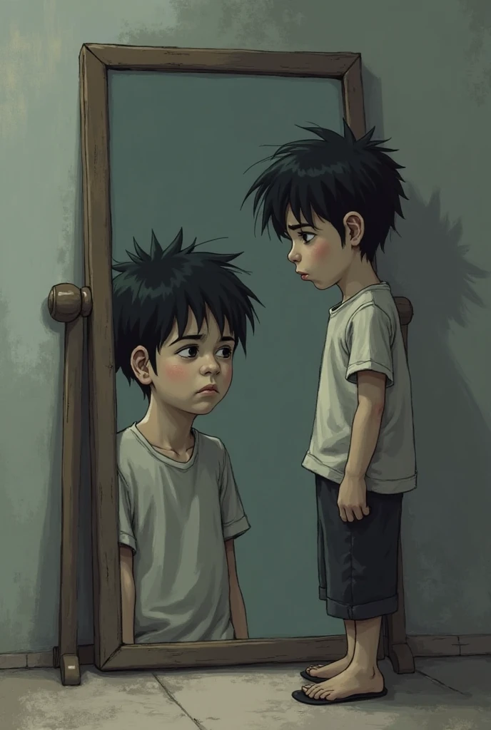 A thin-looking male teenager looking in the mirror and seeing himself as fat in it, with art style with drawing
