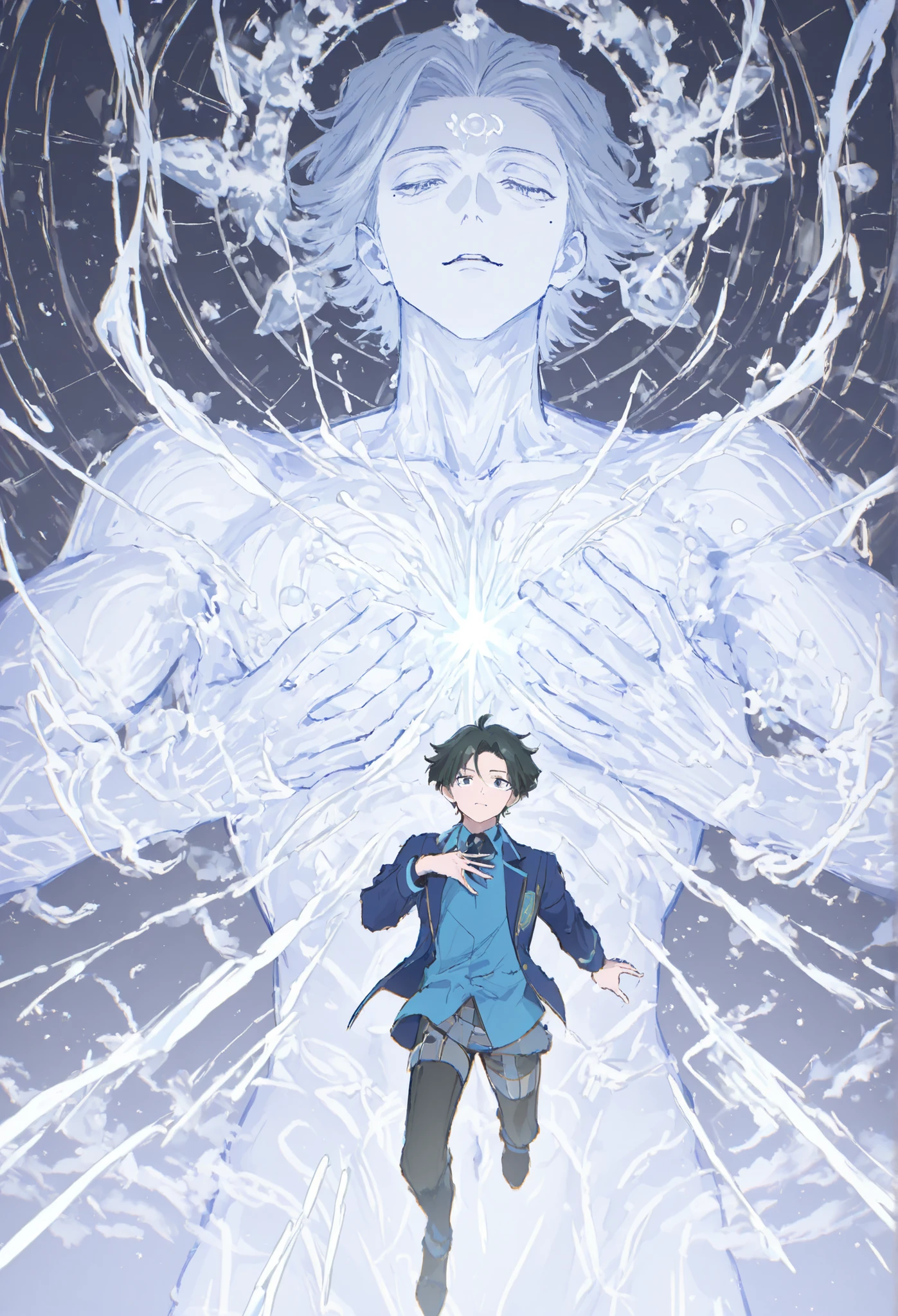 anime style, card style, Vertical Composition , Sci-fi Fantasy School Uniform, High precision in selection, Light Effects, Sikikikokou, character illustration, Full Body or Upper Body Center, Dark Haired Boy, slightly sloppy , Weak Expression, Pose Putting Your Hand on Your Chest, Sci-fi Fantasy School Uniform(ack and Silver/Light emitting line ), Mole Floating All Over Body, Infinity Mark Pattern on Eyes, A ring of pale white light floats in the background, Fragment of Memory Drifting, Gently owing Effect, Sikikikokou中