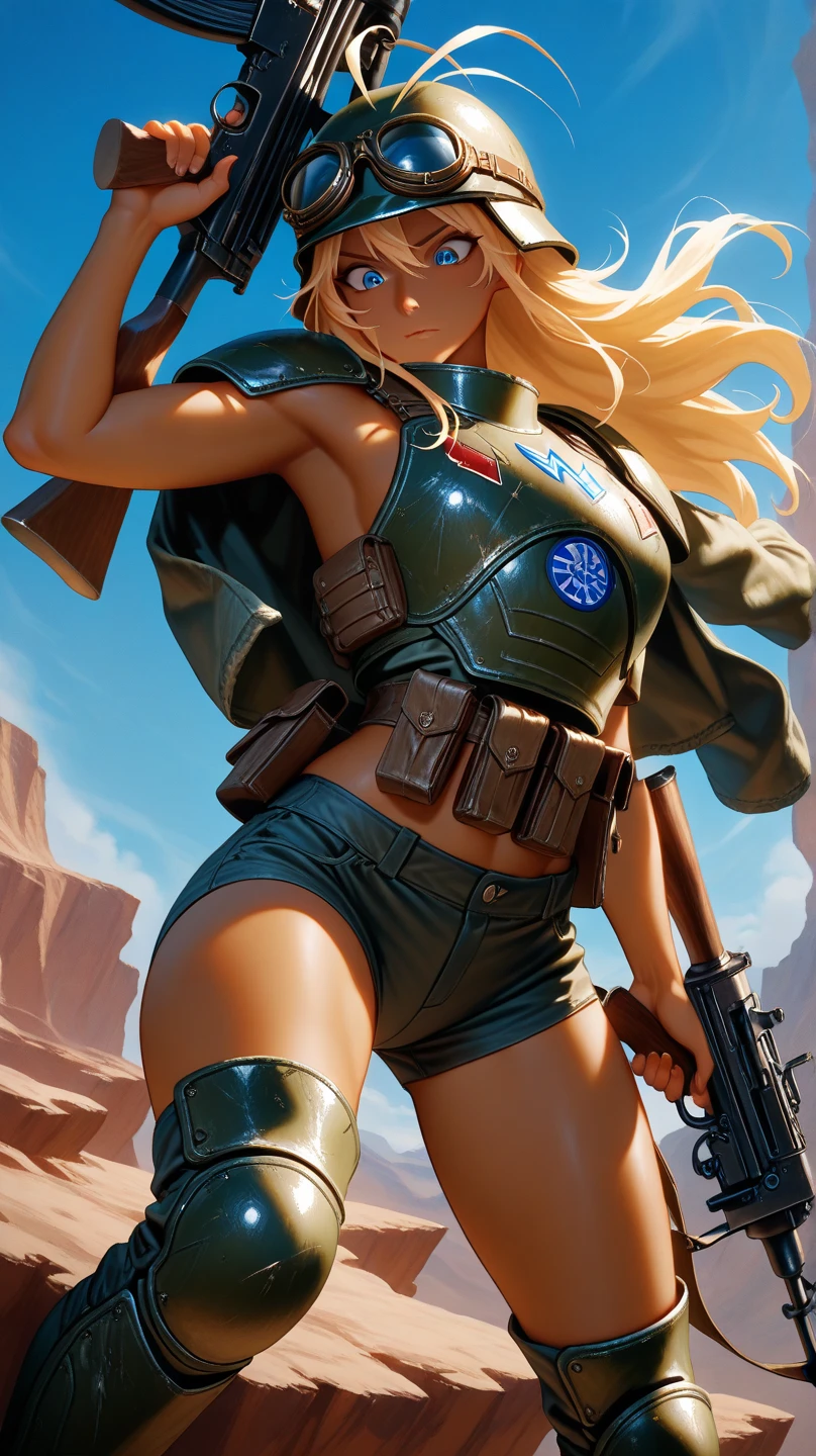 arafed image of a woman in a bikini with a gun and a giant alien, style = retro-futurism, cinemascope panorama, pinup art, blonde girl in a cosmic dress, trending on artstattion, brown heavy armor, by William Hoare, fine art print, anamorphic widescreen --auto --s2